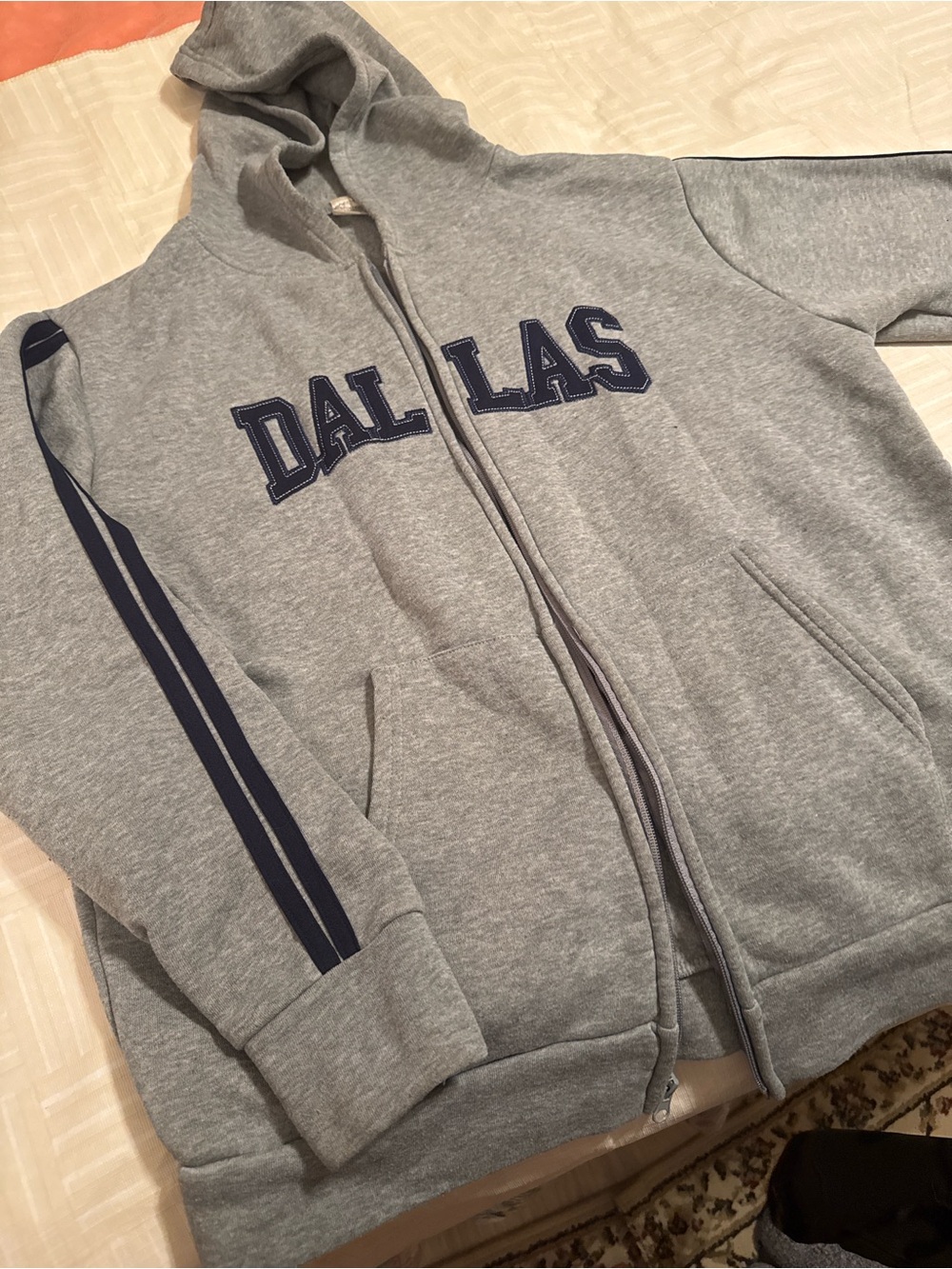 & Other Stories Gray Zip Hoodie with Navy Stripe and 'DALLAS' Appliqué